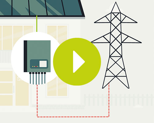 Grafik zeigt eine Verbindung zwischen einem Haus, einem Wechselrichter und einem Strommast.