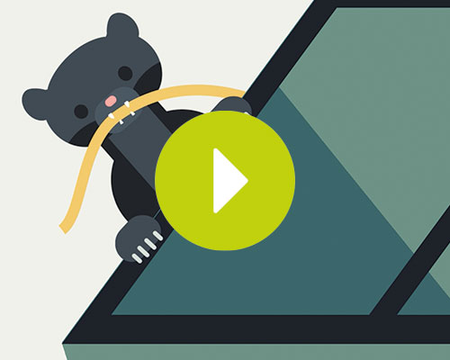 Ein cartoonhaftes Tier mit einem Stab auf einem Dach. Ein Play-Button ist im Vordergrund sichtbar.